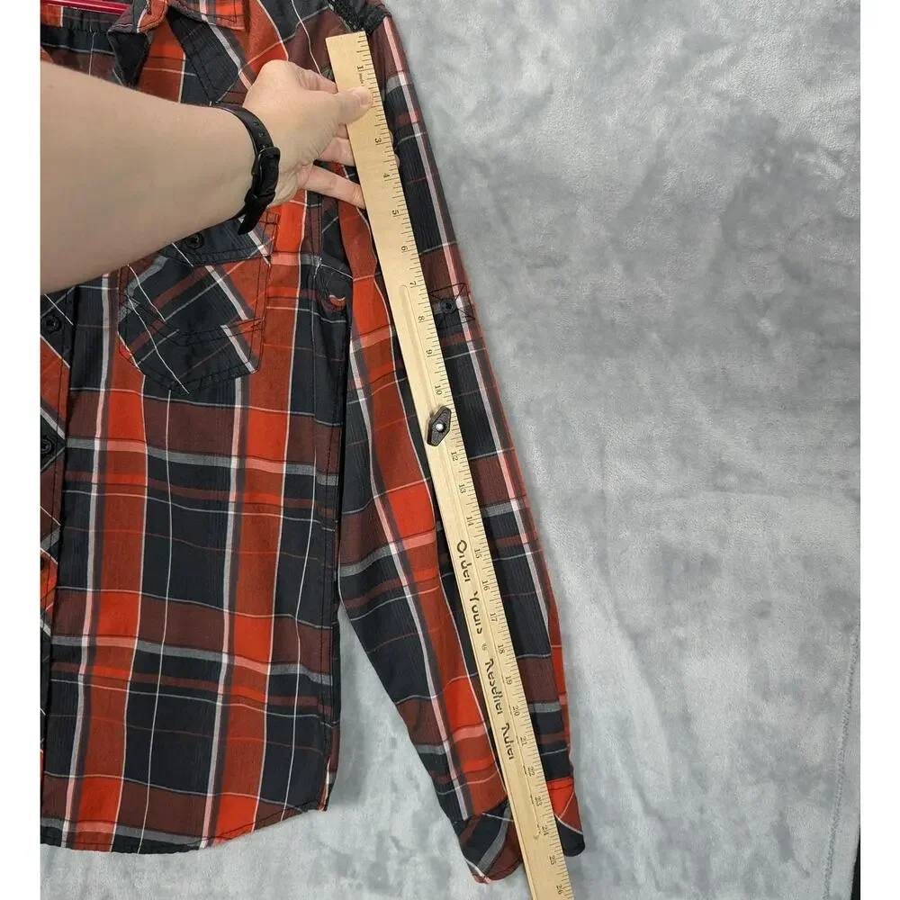 Helix Shirt Mens Small Orange Black Plaid Button Up Lace Athletic Fit Roll Tab